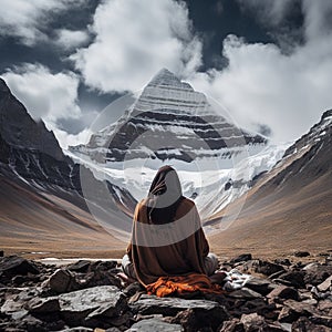 Yogi Baba practising puja in front of Kailash parvat. Poster design for wallpaper.Generative Ai photo