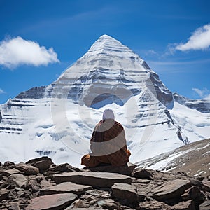 Yogi Baba practising puja in front of Kailash parvat. Poster design for wallpaper.Generative Ai photo