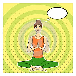 Yogi girl in pop-art style. Asana, lotus posture. Dotted, concentric circles, pop art background, pin-up pattern. Comic speech