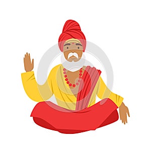 Yogi man in yoga lotus pose, wearing traditional Indian clothes. Colorful character vector Illustration