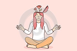 Yogi woman meditates and feels how flowers grow from head, symbolizing mental harmony or balance
