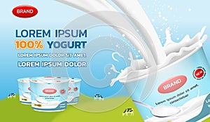 Yogurt ad. Pouring milk with yogurt cups