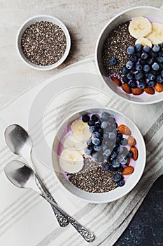 Yogurt with berries, banana, almonds and Chia seeds, bowl of healthy Breakfast every morning, vintage style, superfood and detox