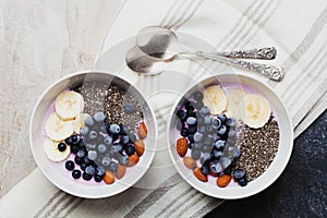 Yogurt with berries, banana, almonds and Chia seeds, bowl of healthy Breakfast every morning, vintage style, superfood and detox