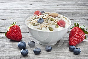Yogurt Muesli Berries Food Background Breakfast photo