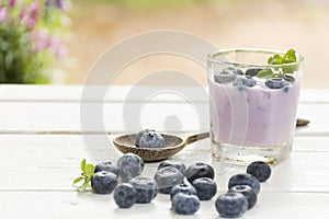 Yogurt Blue Berry and fresh berry on wooden white table on background outdoor view.Close up.