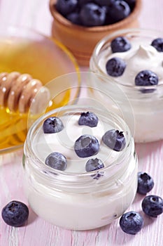 Yogurt with blueberries in a jar