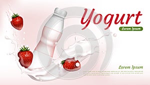 Yogurt bottle with strawberries and milk splash