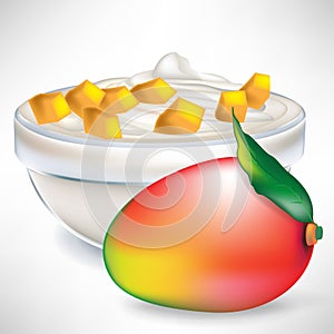 Yogurt in bowl with mango slices and fruit