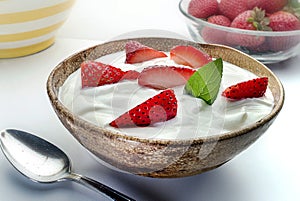 Yogurt in bowl on wood