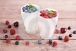 Yogurt cocktail and parfait. Natural detox. Liquid ice cream. Healthy food and breakfast. Good morning. Berry Milk Smoothie with