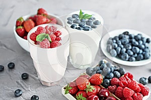 Yogurt cocktail and parfait. Natural detox. Liquid ice cream. Healthy food and breakfast. Good morning. Berry Milk Smoothie with