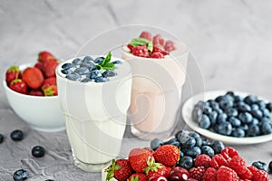 Yogurt cocktail and parfait. Natural detox. Liquid ice cream. Healthy food and breakfast. Good morning. Berry Milk Smoothie with