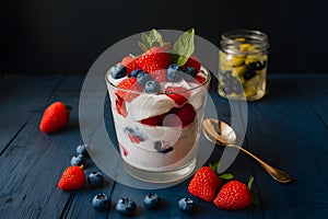 Yogurt delight mixed berries parfait captured in delectable detail