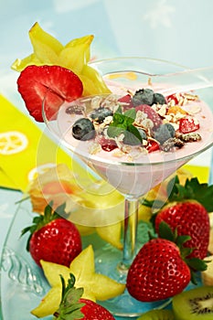 Yogurt dessert with fruits