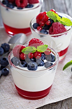 Yogurt dessert with jelly and fresh berries