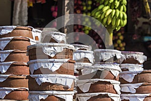 Yogurt earthenware jars on Sri Lanka market