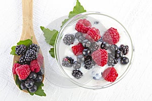 Yogurt with forest berries in a bowl