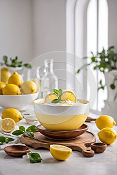 Yogurt with fresh lemons in a bowl, generative AI