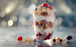 Yogurt with granola, berries and yogurt in glass on light background