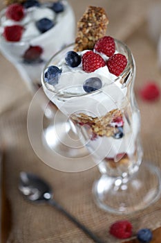 Yogurt, Granola and Fruit in Parfait Glasses on a slant on Rustic Burlap