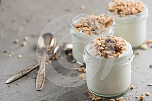Yogurt with granola made of oats, raisins, puffed rice, chocolate and dried bananas. Healthy breakfast for family.