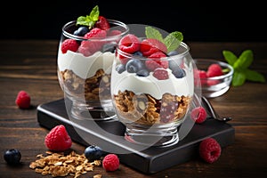 Yogurt granola parfait with berries in glass jar, healthy breakfast or snack