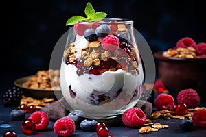 Yogurt granola parfait with fresh berries in elegant glass jar presentation