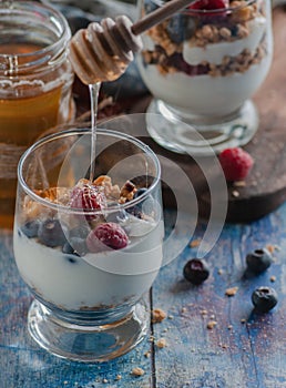 Yogurt with granola and raspberries black chorynitsa and honey