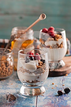 Yogurt with granola and raspberries black chorynitsa and honey