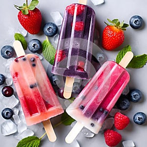 Yogurt ice cream popsicles with ice, berries and mint, top view, flat lay. Summer dessert, frozen fruit juice. Colorful berry