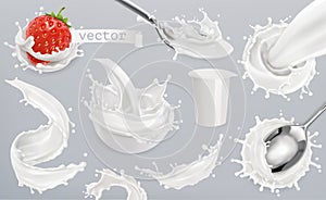 Yogurt, milk splashes. Set 3d vector elements