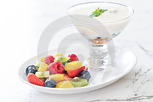 yogurt with mixed fruit (strawberry, blueberries, raspberry, kiwi, mango)