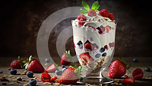 Yogurt with a mixture of berries, strawberries and muesli.