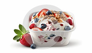 Yogurt with a mixture of berries, strawberries and muesli, isolate on a white background.
