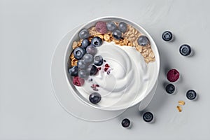 Yogurt with muesli and berries on a gray background. With Generative AI tehnology