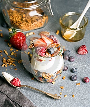 Yogurt oat granola with fresh berries, nuts, honey and mint leaves in glass jar on grey concrete textured backdrop