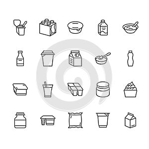 Yogurt packaging flat line icons. Dairy products - milk bottle, cream, kefir, cheese illustrations. Thin signs for food