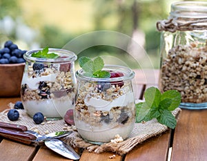 Yogurt parfait with granola, blueberries and raspberries garnished with mint