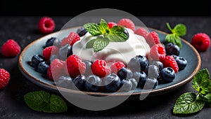 Yogurt a plate with blueberries, raspberries, mint tasty sweet fresh healthy dessert