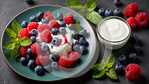 Yogurt a plate with delicious blueberries, raspberries, mint tasty sweet fresh healthy dessert