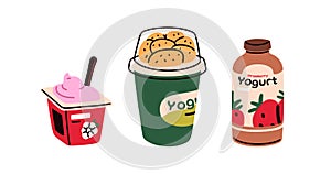 Yogurt set. Dairy products in packs, fruit yoghurt drink in bottle, protein snack with crunchy flakes in cup box photo