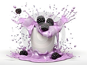 Yogurt splash with blackberries on white background. photo