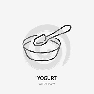 Yogurt with spoon flat logo, breakfast porridge icon. Dairy product vector illustration. Sign for healthy food store
