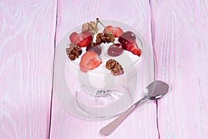 Yogurt with strawberries and cherries and walnuts.