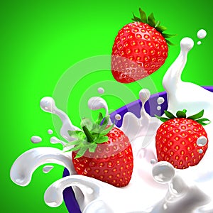 Yogurt with strawberries on green background. 3d render.jpg