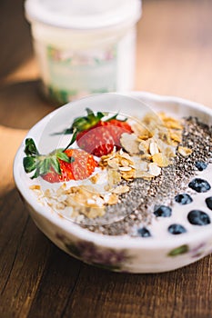 Yogurt with strawberry, blueberry, chia seed and cornflake