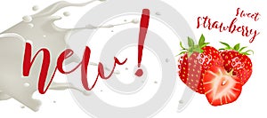 Yogurt strawberry concept. Realistic strawberry vector illustration with milk splash.