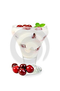 Yogurt thick with cherry in glass sundae dish