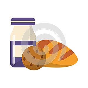 Yogurth bottle with cookie and bread photo